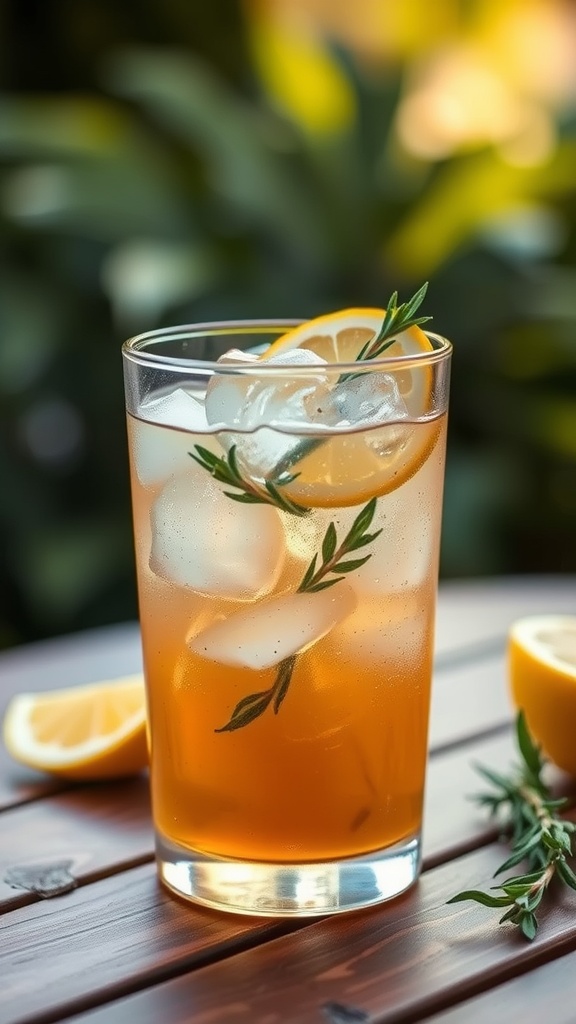 Tea-infused gin tonic in a glass with lemon and herbs on a wooden table.